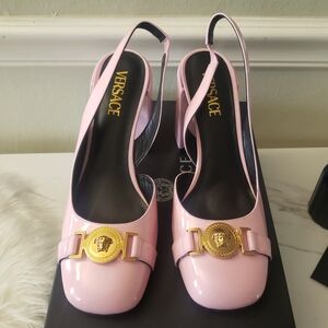 Versace Pink Slingback Heels with Gold Medallion
